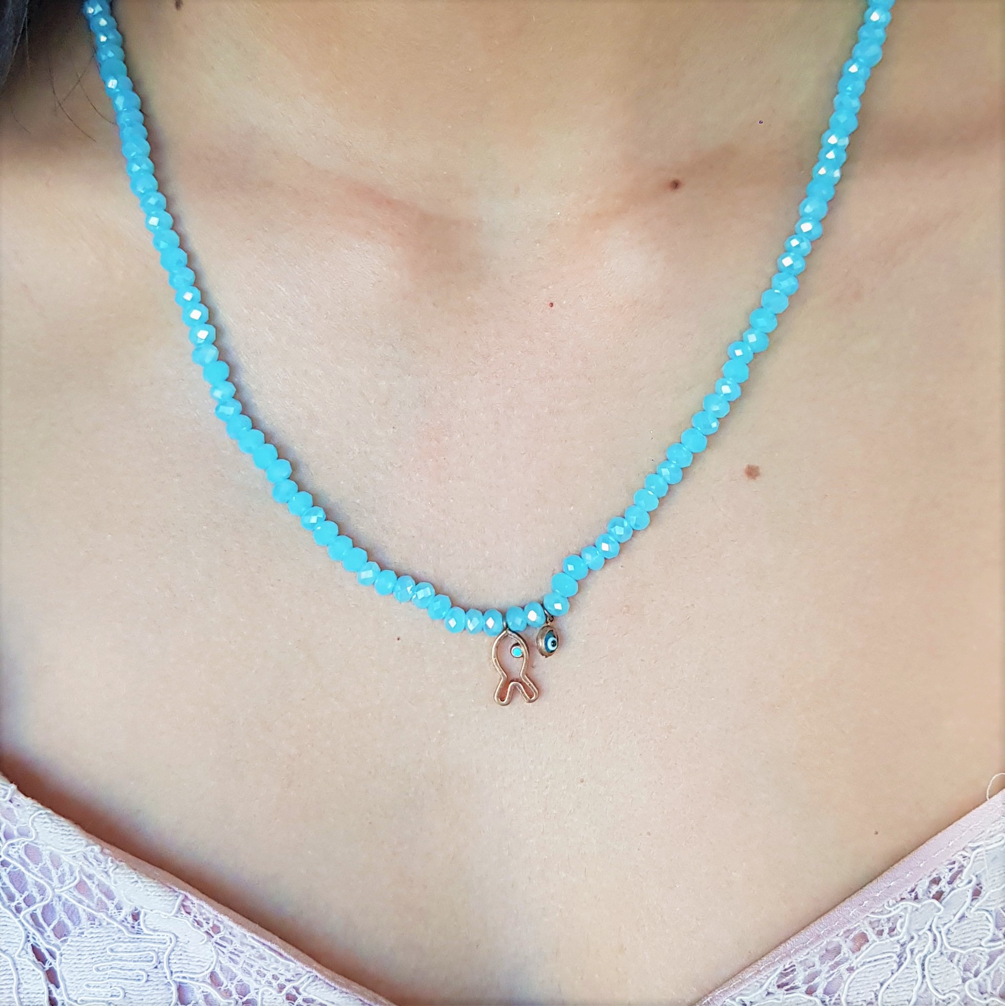 Fish Evil Eye blue bead necklace